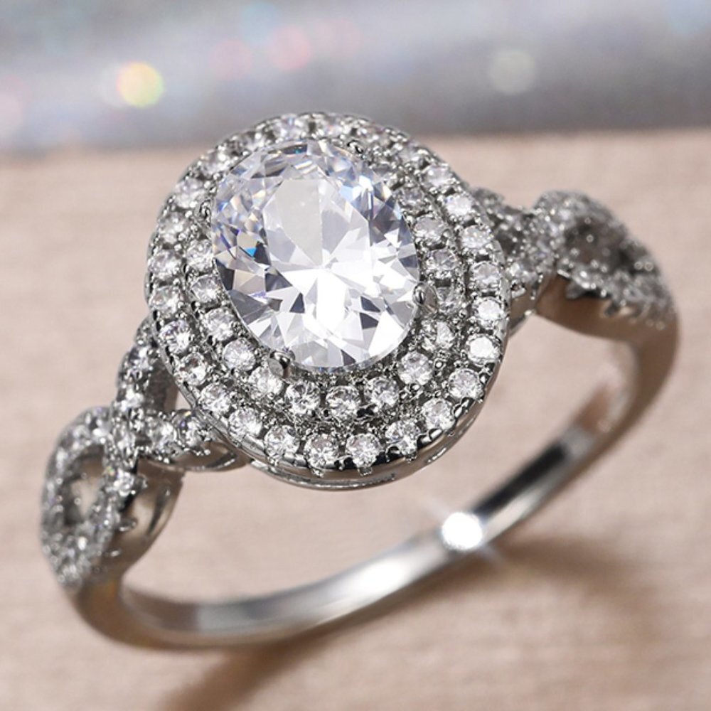 😍14K WHITE GOLD DOUBLE LAYER💫CRYSTAL OVAL WEDDING LUXURY RING GIRL TEEN, K900
